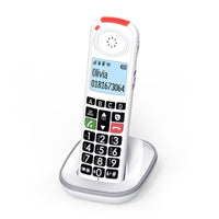 Swissvoice Xtra 55 cordless handset for seniors with large buttons, charging base and display for name and number, front view.