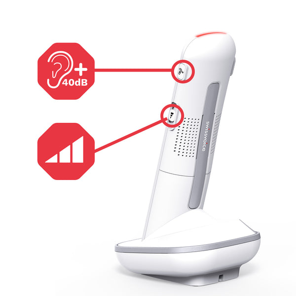 Swissvoice Xtra 55 handset for seniors on its stand with 40dB boost and adjustable volume buttons, front view.