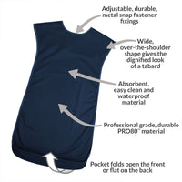 Care Designs tabard style adult bib, waterproof, wide shoulders, back folding pocket, side fasteners, front view.