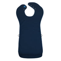 Care Designs tabard style adult bib, waterproof with snap neck, long to cover chest and lap, front view.