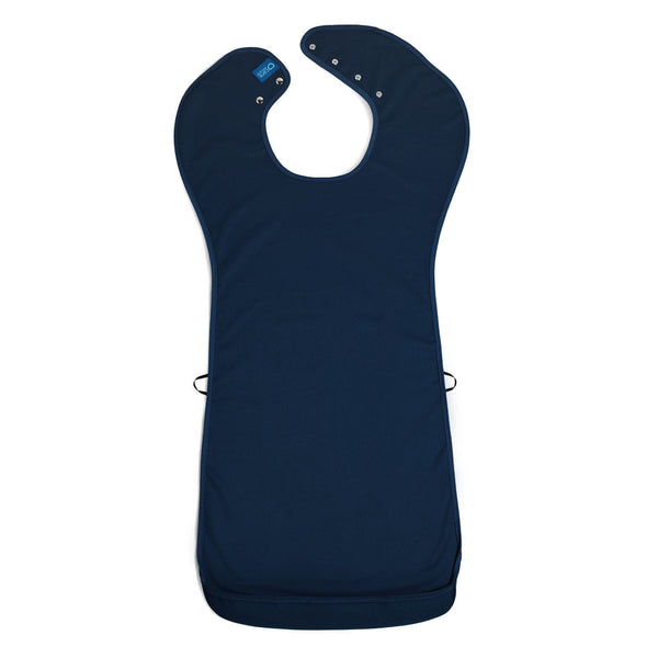 Care Designs tabard style adult bib, waterproof with snap neck, long to cover chest and lap, front view.