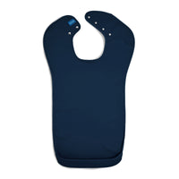 Care Designs Tabard Style Adult Bib with snap closures and pocket, laid flat on a white background, top view.