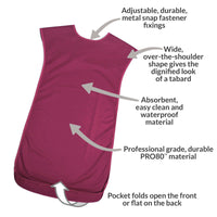 Care Designs tabard style adult bib with snap fasteners, absorbent waterproof fabric and reversible pocket, front view.