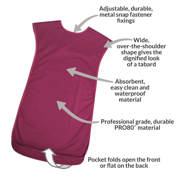 Care Designs tabard style adult bib with snap fasteners, absorbent waterproof fabric and reversible pocket, front view.