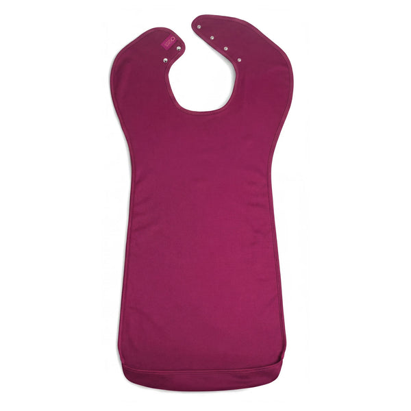 Care Designs tabard style adult bib, waterproof with snap closures and wide front for easy wear and protection, front view.