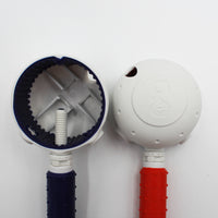 Pair of white Gordon Ellis Tap Turners with red and blue handles, one open and one closed, displayed on a white background, top view.