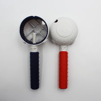 Gordon Ellis tap turners, one open and one closed, with round white tops on a plain white background, front view.