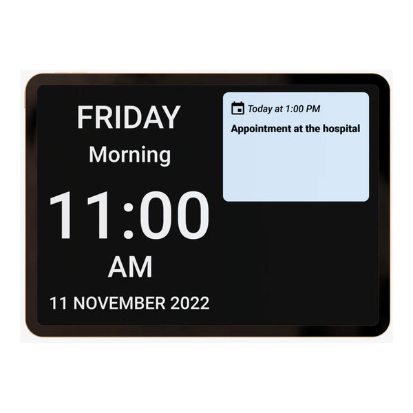 Idem by Ravencourt showing date, time, day and hospital appointment reminder on screen, front view.