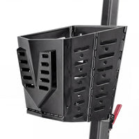 Rectangular metal basket with vented sides attached to a Urathon Thor Ultra-Light Folding Scooter, red lever visible on right side, side view.
