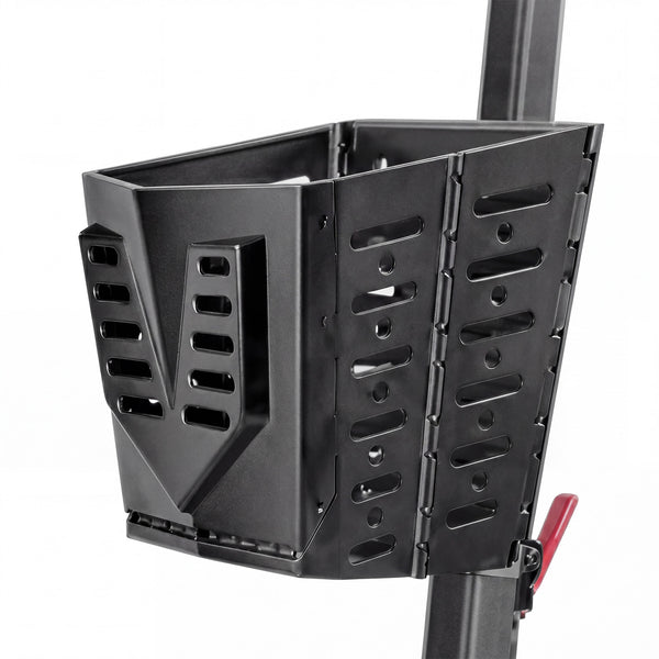 Rectangular metal basket with vented sides attached to a Urathon Thor Ultra-Light Folding Scooter, red lever visible on right side, side view.