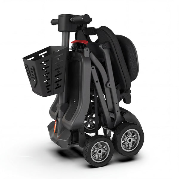 Urathon Thor Ultra-Light 4-wheel folding travel scooter with front basket and compact upright frame, side view.