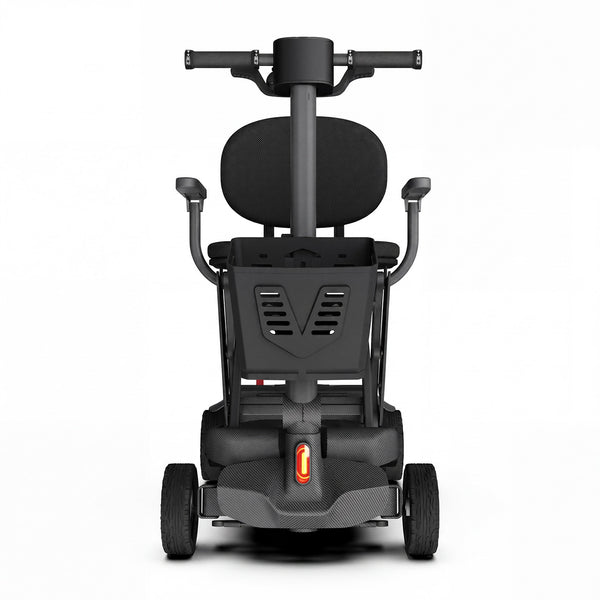Urathon Thor Ultra-Light Folding Scooter with carbon-fibre frame, four wheels, backrest, rear seat and light, side view.