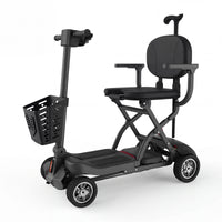 Urathon Thor Ultra-Light Folding Scooter with basket, carbon-fibre frame, armrests and cushioned seat, front view.
