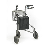 Homecraft three-wheeled rollator with height-adjustable handles, grey wheels, black bag, wire basket on white background, front view.