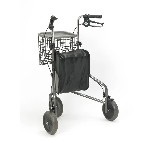 Homecraft three-wheeled rollator with height-adjustable handles, grey wheels, black bag, wire basket on white background, front view.