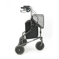 Homecraft three-wheeled rollator with adjustable handles, hand brakes, wire basket and black pouch, side view.