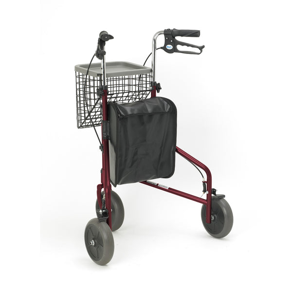 Homecraft three-wheeled rollator with foldable frame, adjustable handles, wire basket, black pouch and large wheels, front view.