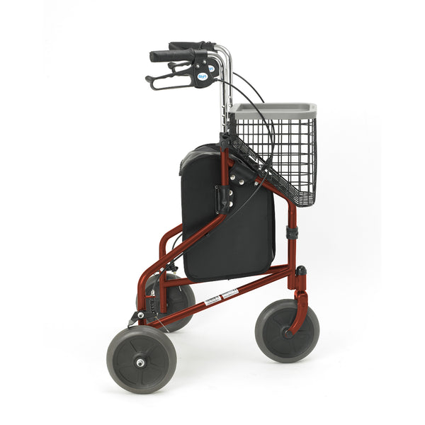 Three-wheeled rollator with grey wheels, adjustable handles, black seat and front wire basket, shown from the front.