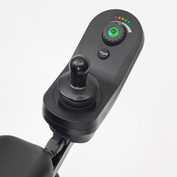 Drive Titan AXS joystick controller showing power button, horn icon and LED lights for mid-wheel powerchair, close-up.