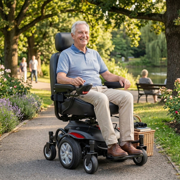 Drive Titan AXS Mid-Wheel Powerchair in use by older man on park path with trees, flowers and people on bench, side view.