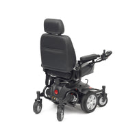 Drive Titan AXS Mid-Wheel Powerchair with cushioned seat, armrests, joystick, and six wheels, back and side view.