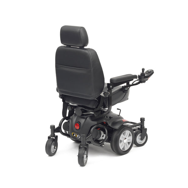 Drive Titan AXS Mid-Wheel Powerchair with cushioned seat, armrests, joystick, and six wheels, back and side view.