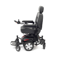 Drive Titan AXS mid-wheel powerchair with six wheels, headrest and armrest, side view.