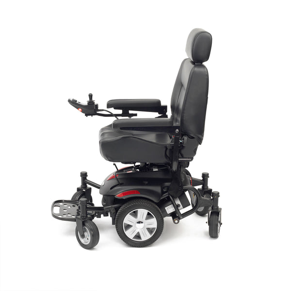 Drive Titan AXS mid-wheel powerchair with six wheels, headrest and armrest, side view.