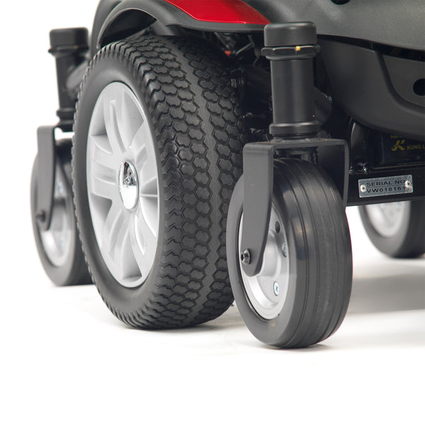 Titan AXS Mid-Wheel Powerchair by Drive with tyre treads and frame on front and rear wheels, close-up.