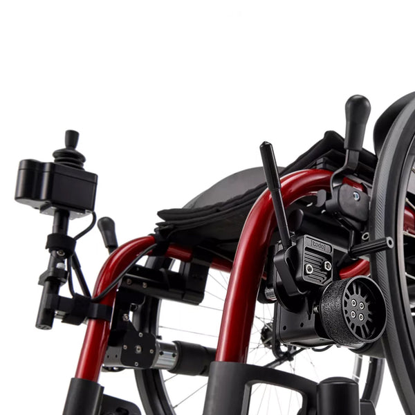 Dash Rehab TODO Drive Power Assist electric wheelchair with joystick controls and lightweight motor, close-up.