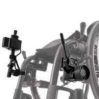 Dash Rehab TODO Drive Power Assist wheelchair with motor and joystick controls, close-up.