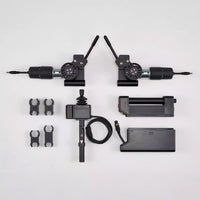 Dash Rehab TODO Drive Power Assist parts with wheelchair motor and Bluetooth control, laid out on white surface, top view.