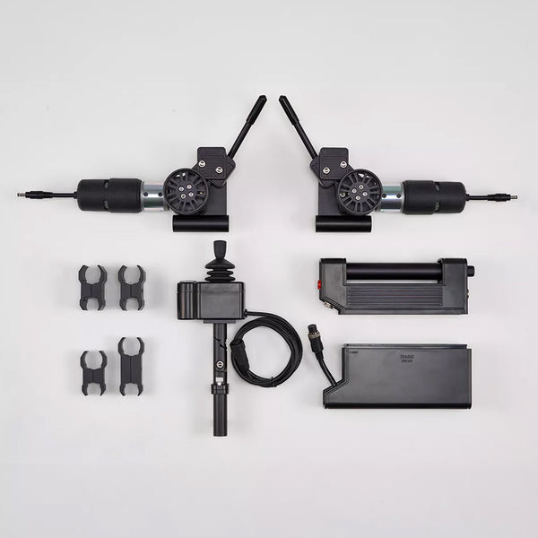 Dash Rehab TODO Drive Power Assist parts with wheelchair motor and Bluetooth control, laid out on white surface, top view.