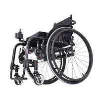 Dash Rehab TODO Drive Power Assist lightweight folding wheelchair with large rear wheels and cushioned seat, rear side view.