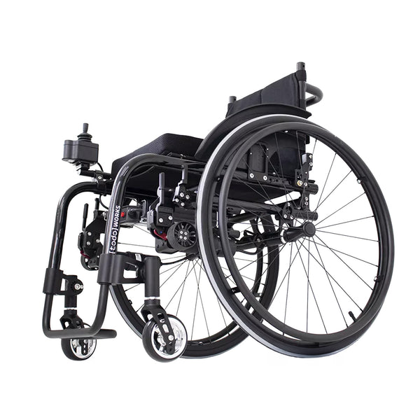 Dash Rehab TODO Drive Power Assist lightweight folding wheelchair with large rear wheels and cushioned seat, rear side view.
