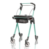 Topro Hestia Indoor Rollator with 4 wheels, black mesh bag, built-in tray and adjustable handrail, side view.