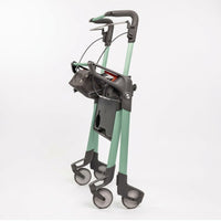 Topro Hestia Indoor Rollator with retractable black handles, adjustable handrail, mesh bag and four wheels, side view.