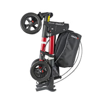 Wine red Topro Odysse 3-wheel rollator, height adjustable and foldable, black storage bag attached, front angle.