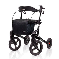 Topro Olympos All Terrain Rollator with large wheels, hand brakes, grey front bag, easy fold design, side view.