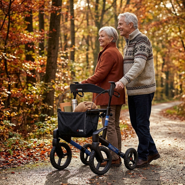 Elderly couple walking by a lake, man using Topro Olympos All Terrain Rollator, benches and trees along path, in use view.