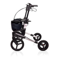 Topro Olympos All Terrain Rollator, three-wheel foldable design, large wheels, black storage bag, side view.