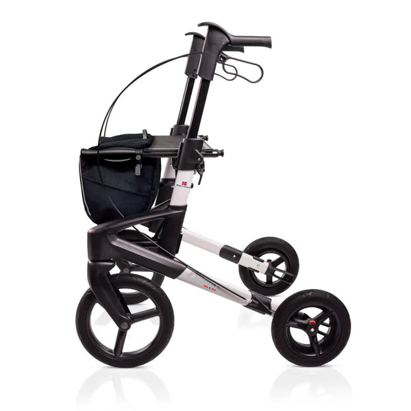 Topro Olympos All Terrain Rollator, three-wheel foldable design, large wheels, black storage bag, side view.