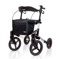 Topro Olympos All Terrain Rollator, foldable with four large wheels, hand brakes and front storage bag, front view.