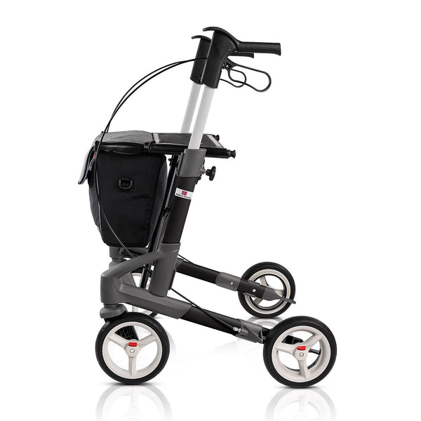 Topro Troja 5G Premium Rollator with four wheels, storage bag and ergonomic handles, side view.