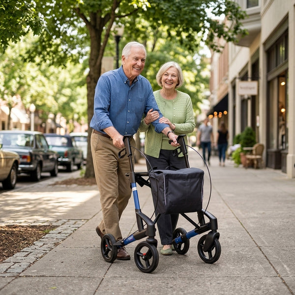 Older man using a Topro Troja 5G Premium Rollator with companion, outdoors, in use.