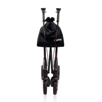 Topro Troja 5G Premium Rollators folded upright with bags attached, side view.