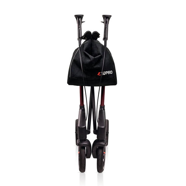 Topro Troja 5G Premium Rollators folded upright with bags attached, side view.
