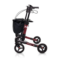 Topro Troja 5G Premium Rollator with hand brakes, storage bag and four wheels, side view on white.