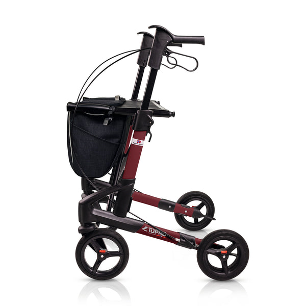 Topro Troja 5G Premium Rollator with hand brakes, storage bag and four wheels, side view on white.