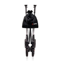 Folded Topro Troja 5G Premium Rollator with wheels and black storage bag, side view.